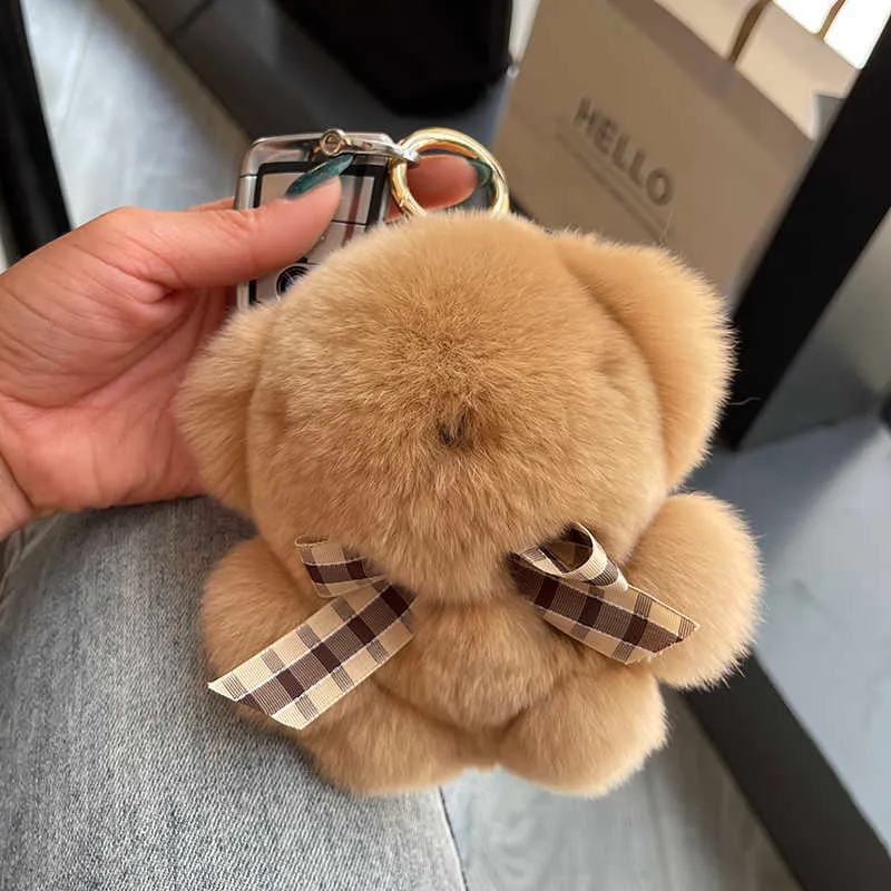 Porte-clés ours mignon en fourrure de lapin Rex, pour sac à main de voiture, pendentif 221y