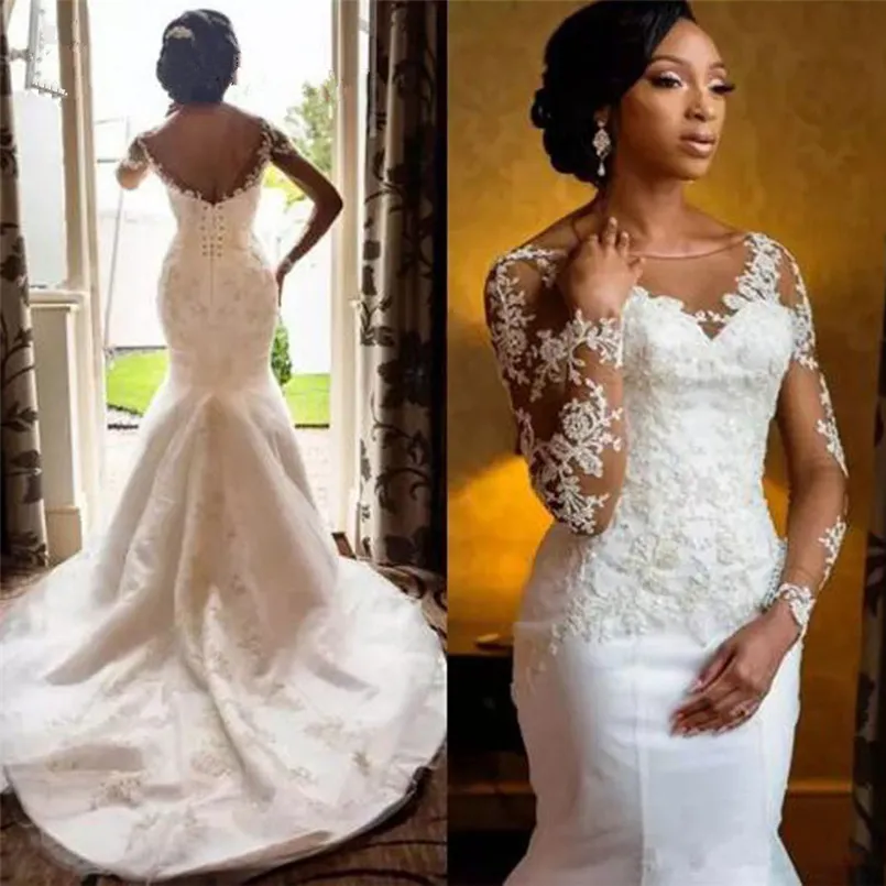 Nigeria Sydafrikanska sjöjungfru bröllopsklänningar Brudklänningar Långärmad Lace Appliques Open Back Plus Storlek Bride Dress Scoop Neck Vestidos de Novia Custom Made