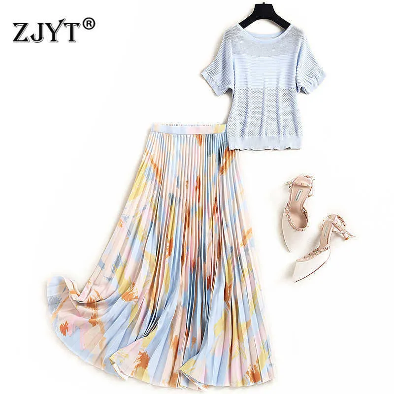 Fashion Summer 2 Piece Outfits Elegant Kortärmad Hål Sticka Pullover Top och Pleated Skirt Suit Casual TwinSet 210601