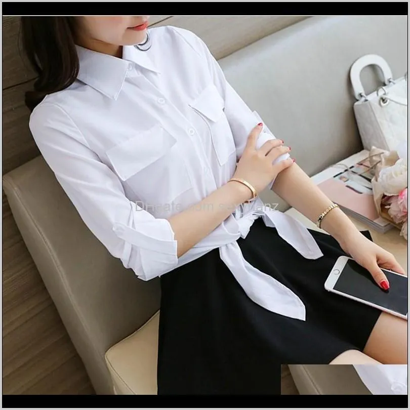 white shirt women`s long-sleeve college style fold-down collar bow top women`s versatile clothes spring and autumn cheap