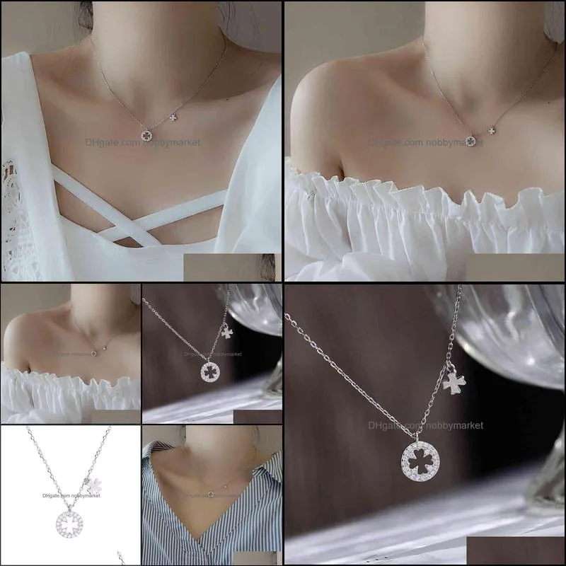 S925 sterling silver hollow out pendant four leaf lucky grass Necklace women`s fashion net red design simple clavicle chain