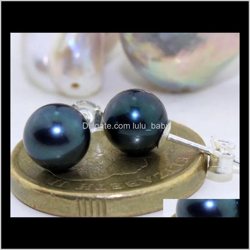 a pair of round 9-10mm tahitian black green pearl earring 925 silver accessories
