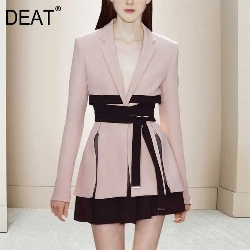 DEAT Suit Woman Notched Full Sleeve Pink Solid Blazer + Drawstring Mini Length Skirt Office Lady Style Autumn AR420 211106