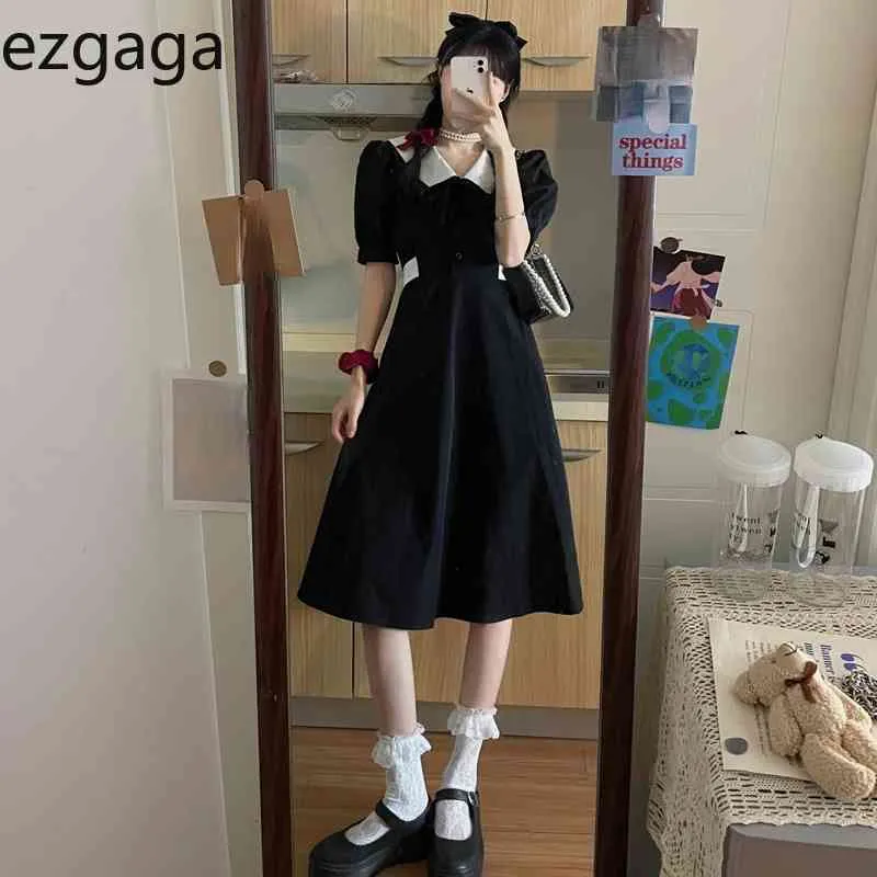 Ezgaga Vintage Elegancka sukienka Kobiety Krótki Rękaw Lapel Wstążka Bow Preppy Style Lato Nowa Wysoka Talia Słodkie Vestidos Feminino 210430