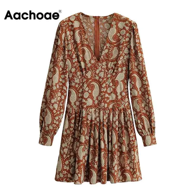 Boho-Stil Blumendruck Plissee V-Ausschnitt Lässige Minikleider Puff Langarm Dame Elegantes Kleid Vestido De Mujer 210413