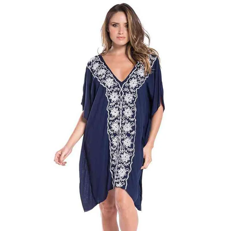 Embroidery Cotton Beach Caftan Tunic Cover up Saida de Praia Swimsuit Women Bikini cover Pareo Sarong wear #Q783 210420