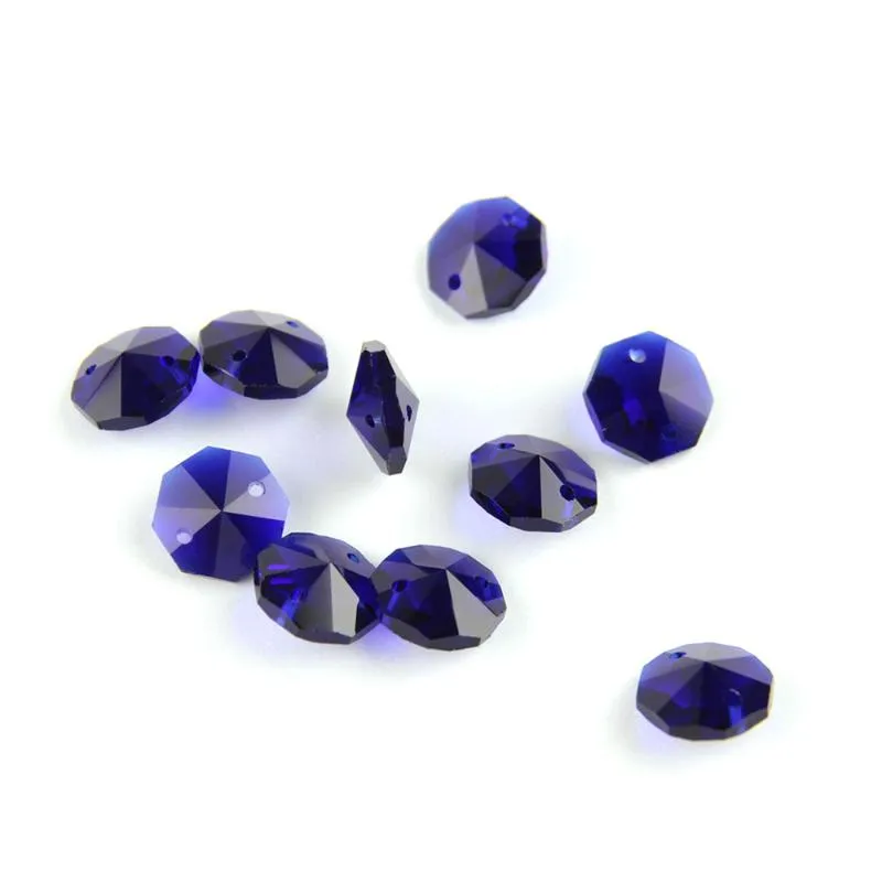 14mm 200PCS / Lot Dark Blue Color Crystal Octagon Pärlor i 2 hål för bröllopsträngar ljuskrona pärldelar