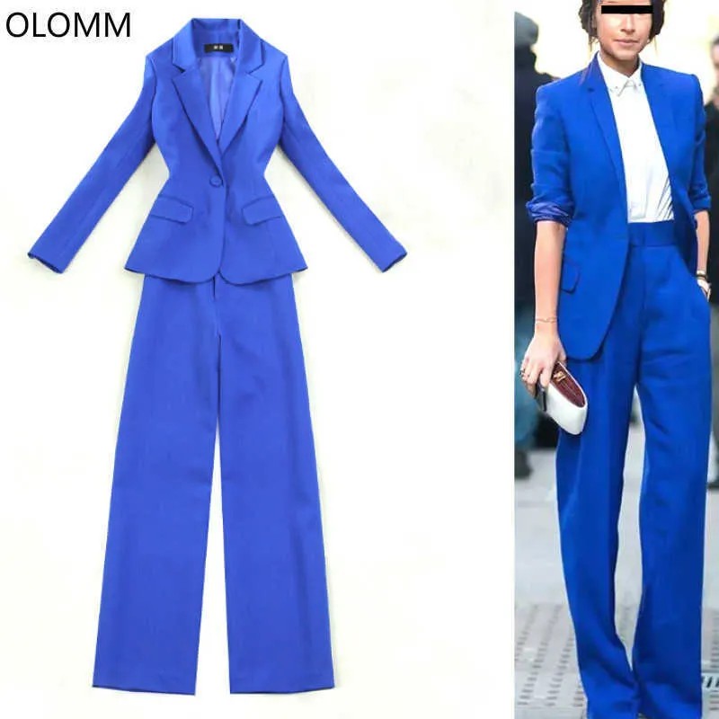 Slim Blue Blazer повседневная одиночная кнопочная костюм и брюки женские офисные работы двух частей темперамент широко-нога 210527