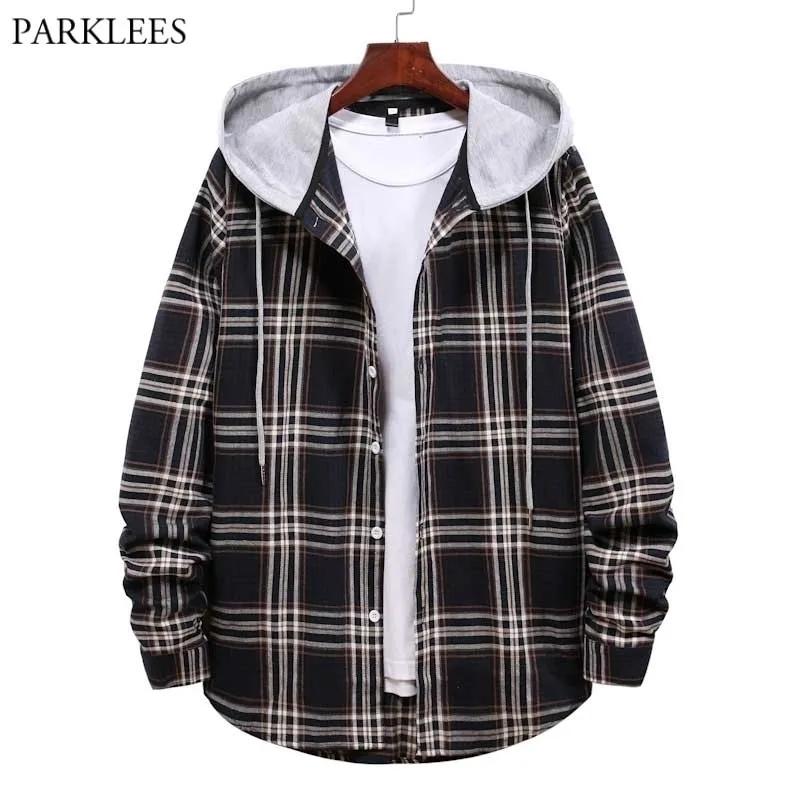 Klassieke Black Plaid Hoodie Shirt Mannen Merk Lange Mouwen Mens Checked Shirts Casual Patchwork Hooded Shirt Jas Chemise 210522