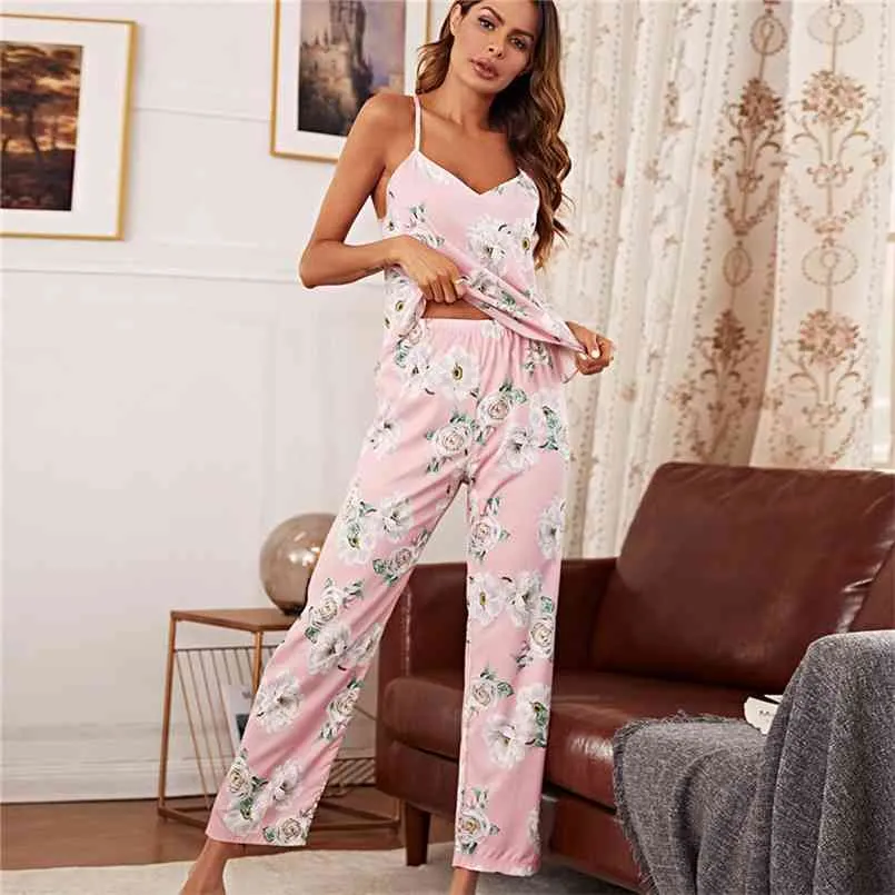 Élégant Pyjama à imprimé ensemble motif de motif de motif de somnifère sexy pantalon top camisole pantalon lunge-coude en V V-col