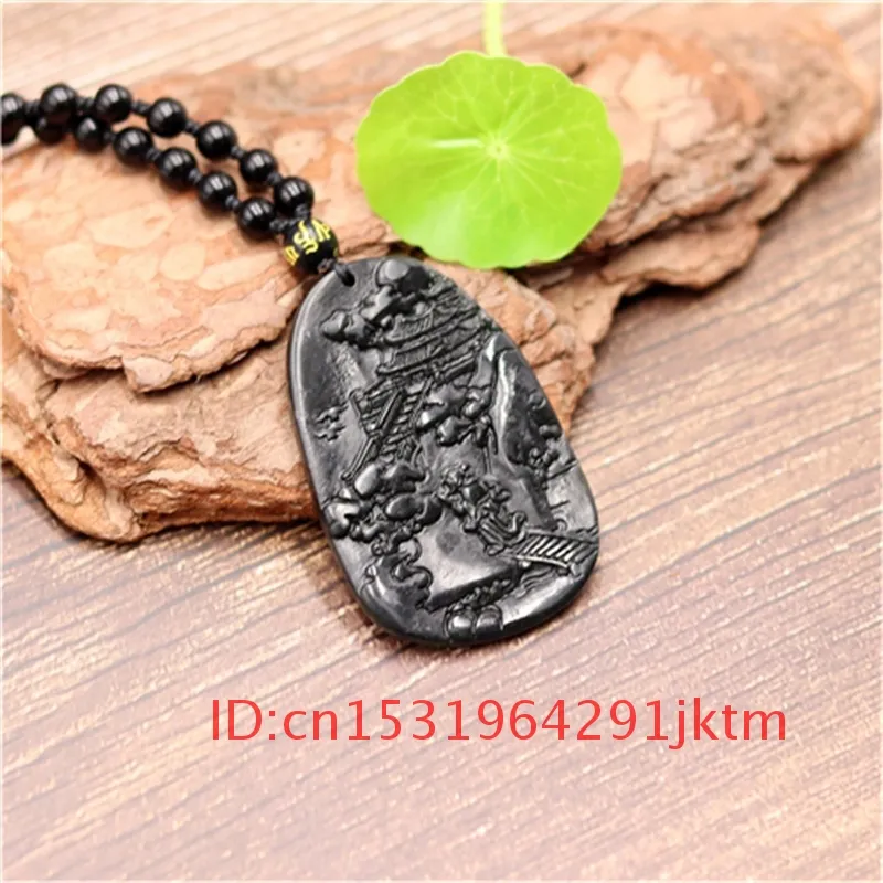 Naturlig jade för pendell kinesiska män smycken landskap snidat halsband amulett gåvor tillbehör svart obsidian charm grön