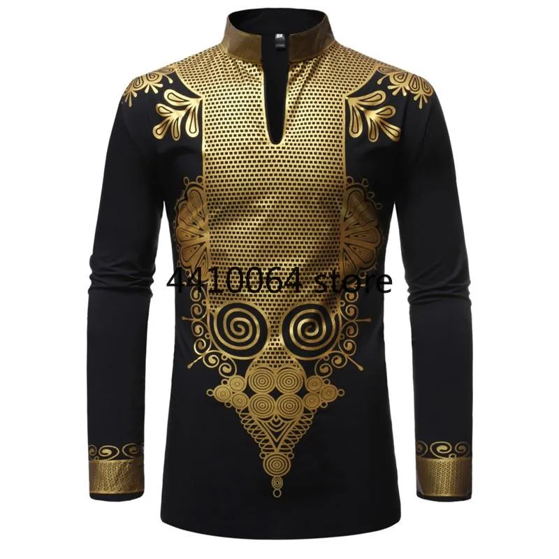 Abbigliamento etnico Camicia con stampa Dashiki nera africana Uomo 2021 Moda Hip Hop Streetwear Abbigliamento africano Slim Fit Manica lunga Chemise maschile