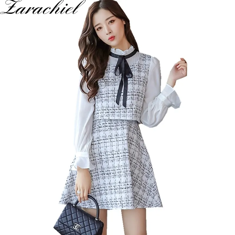 Winter Women Tweed Stitching Plaid A Line Long Sleeve Ribbon Bow Tie Stand Collar Fake Two Piece Wool Dress 210416