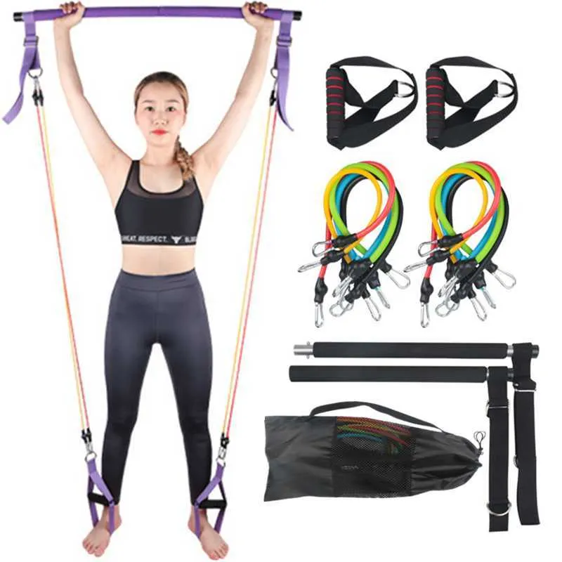 100LB Verstelbare Pilates Bar Set met 5 Resistance Bands Draagbare Gym Stick voor Full Body Workout Crossfit Yoga Home Ftiness H1026