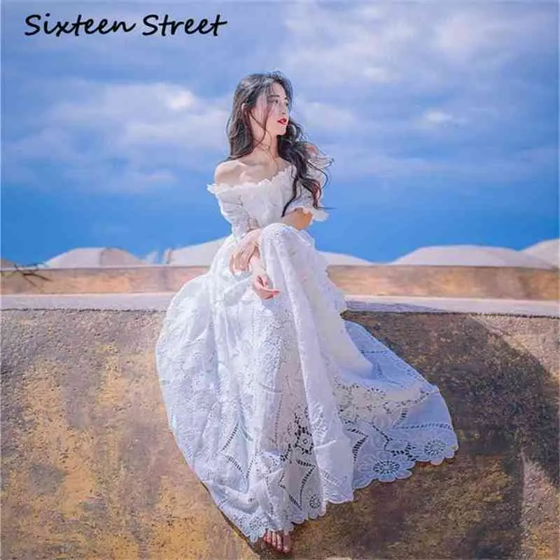 Summer Maxi Elegant Lace Hollow Out Long Dress Tunic Ankle-Lenght Off The Shoulder Fairy Women Dresses White 210603