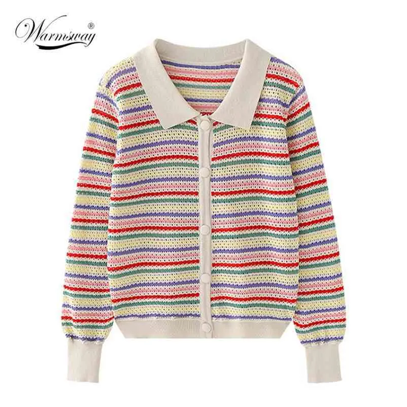 Farbblockierte Strickjacke Tops Frauen Regenbogen aushöhlen Einreiher Pullover Slim Fit dünne Sonnenschutz Strickwaren B-097 210522