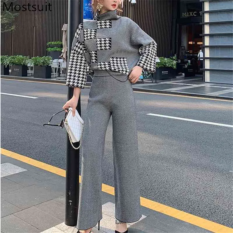 Spring Houndstooth gebreide 2 -delige sets outfits Women Turtleneck Tops + Wide Leg broek Pakken mode Elegant Office 210518