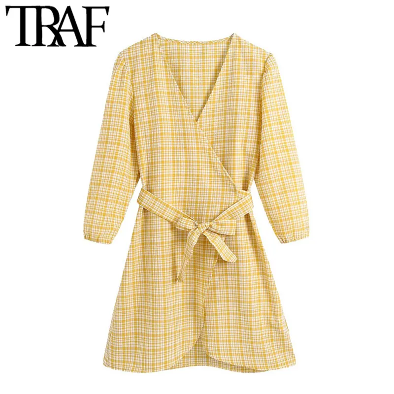 TRAF Women Chic Fashion With Belt Check Wrap Mini Dress Vintage V Neck Three Quarter Sleeve Female Dresses Vestidos 210415