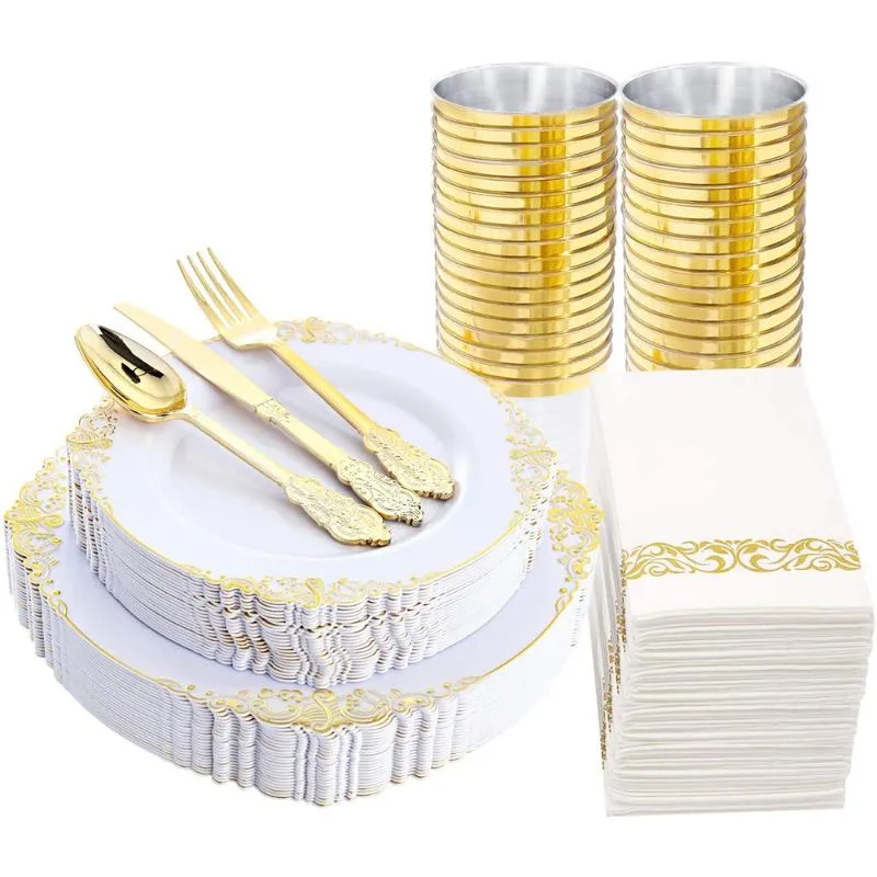 Vaisselle jetable 60 pcs Plaques en plastique blanche et or plaques d'argenterie serviettes serviettes de table de vêtements de mariage
