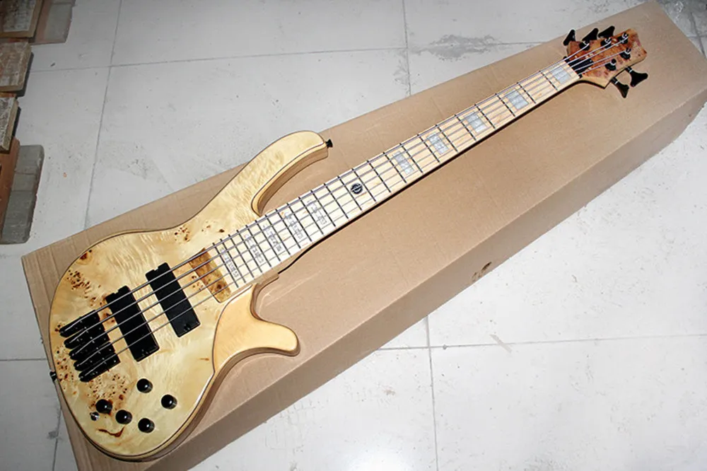 Natural Wood Color 5 Strings Electric Bass Guitar with Tree-burl Veneer,Black Hardware,offer customized as you request