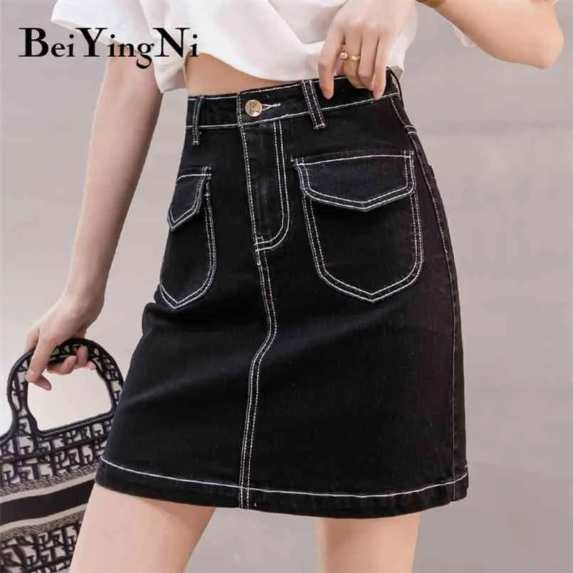 Mini jupe femmes surdimensionné taille haute loisirs coréen noir une ligne denim jupes courtes harajuku faldas jupe femme 210506