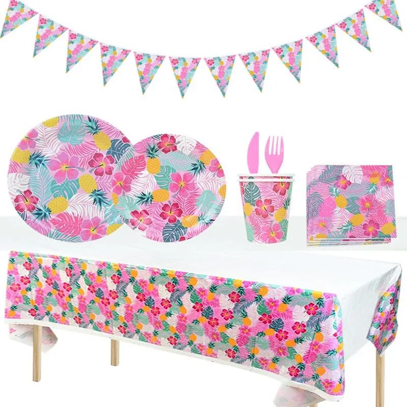 Vaisselle jetable, ensemble de vaisselle de fête hawaïenne, décor de table, tasse, assiette, couteau, fourchette, napperon, bannière, fourniture d'anniversaire de mariage