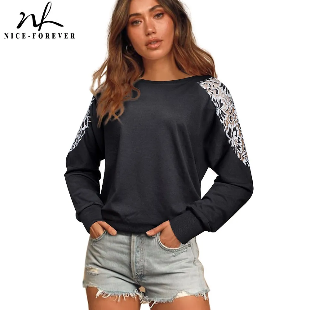 Nice-forever Autumn Patchwork Round Neck T-shirts Long Sleeve Casual Loose Women Tees Top 253 210419