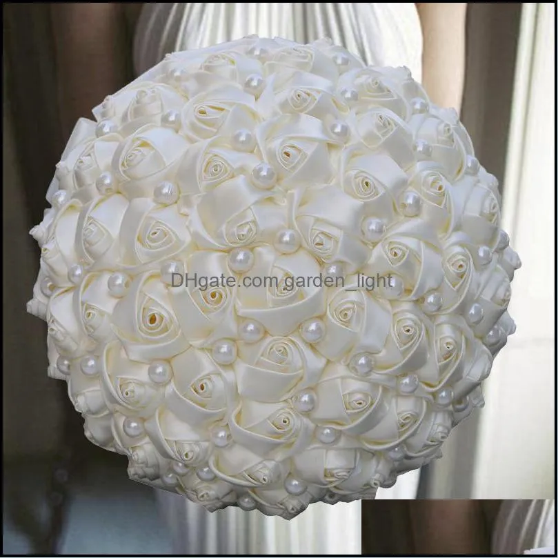 1Pcs/lot Gold Ribbon Wedding Bouquet With Pearl For Decoration Decorative Flowers & Wreaths