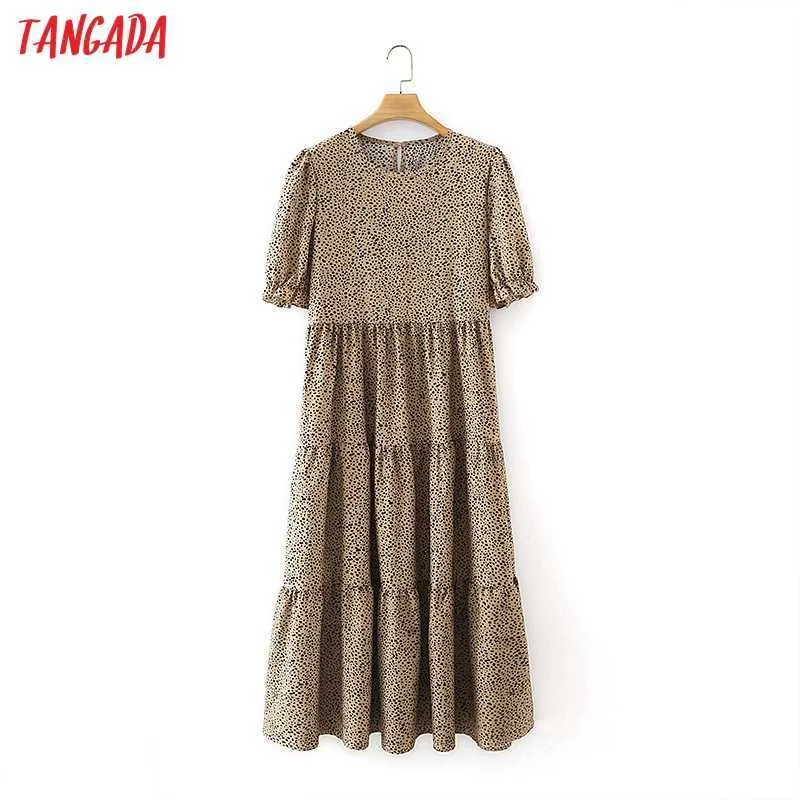 Tangada Kobiety Leopard Summer Sukienka Puff Krótki Rękaw Damski Midi Sukienka Vestidos 7Y15 210609