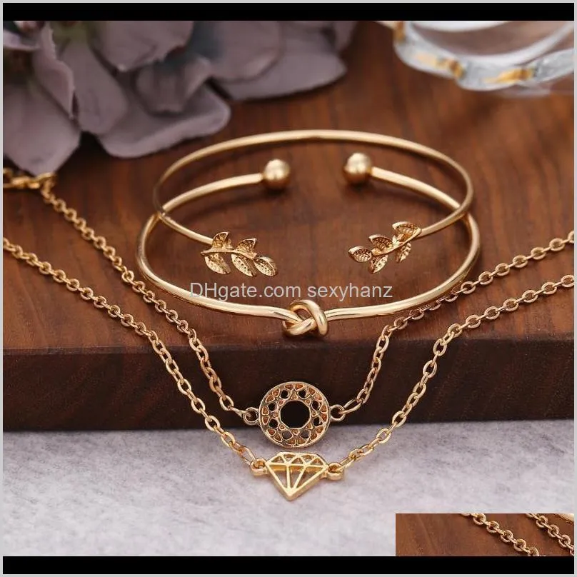 4pcs/set fashion bohemia leaf knot hand cuff link chain charm bracelet bangle for women gold bracelets femme jewelry