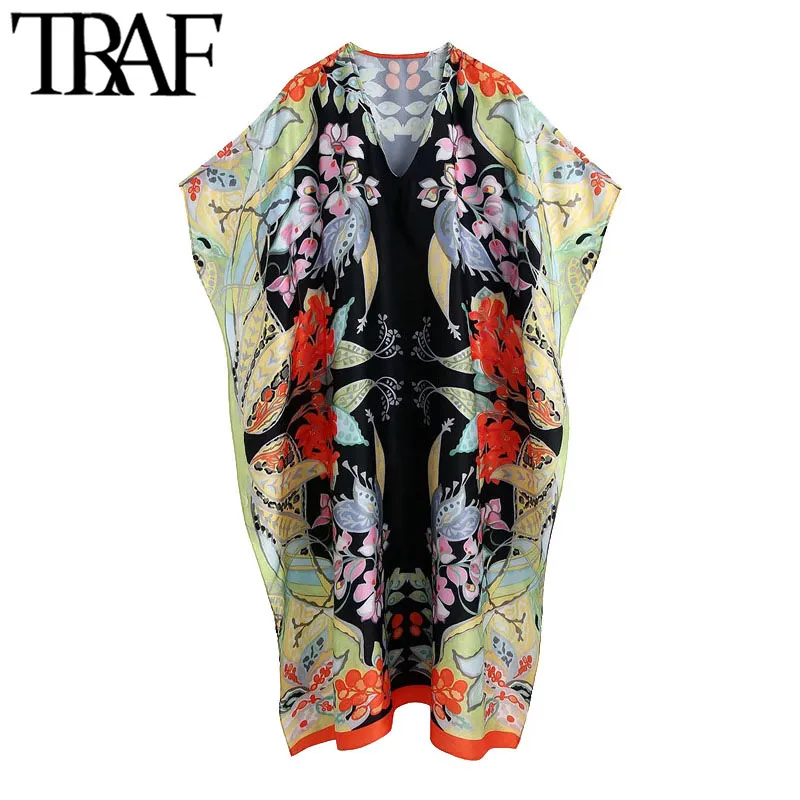 Traf Women Chic Fashion Floral Print Loose Midi Dress Vintage brede korte mouwzijde Vindingen Vrouwelijke jurken Vestidos 210415