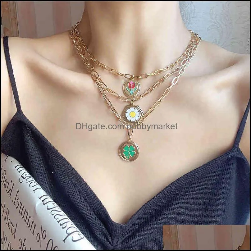 Colorful ins blogger`s same small wrinkled chrysanthemum tulip Clover Necklace cold wind simple clavicle chain