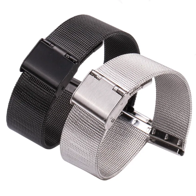 Hengrc 16 18 20 22 24mm klocka bandband Rostfritt stål Kvinnor Watchbands Silver Black Metal Armband Double Clasp Tillbehör