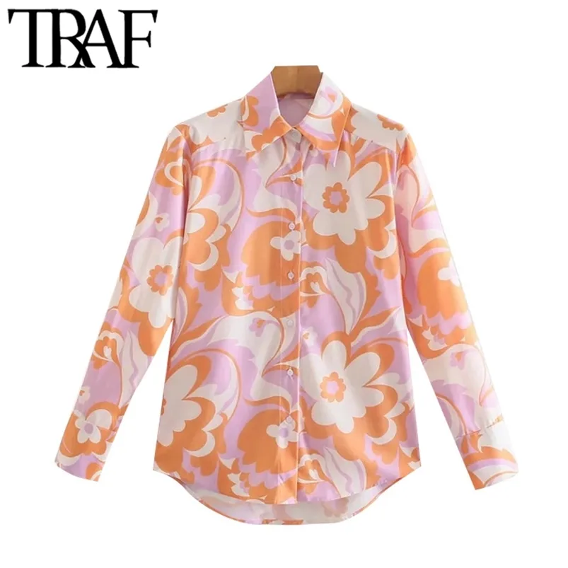 Damesmode Floral Print Asymmetrische blouses Vintage lange mouw knop-up vrouwelijke shirts Blusas chique tops 210507