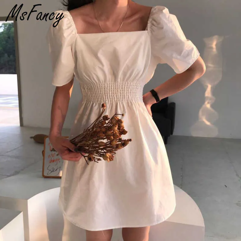 Msfancy Summer White Mini Dress女性ショートパフスリーブチュニックvestido de mujerヴィンテージスクエアカラーブラックFemme Robe 210604