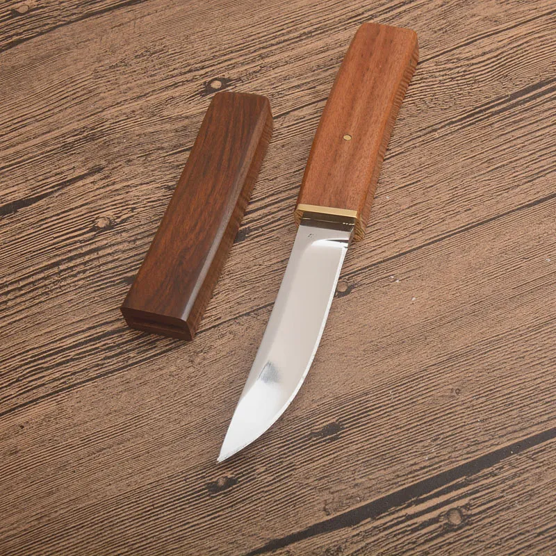 In Stock!! Straight Knife D2 Drop Point Mirror Polish Blade Rosewood Handle Fixed Blade Knives With Wood Sheath