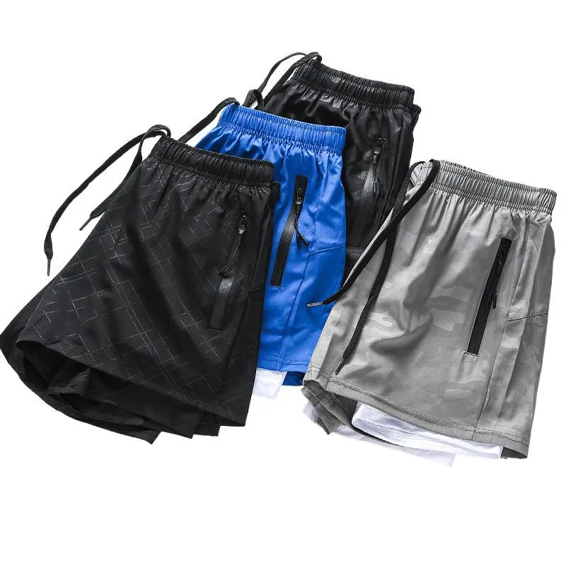 Pantalones cortos para correr Verano Falso de dos piezas Pantalones cuádruples casuales para hombres Secado rápido Fitness Forrado Baloncesto Doble capa