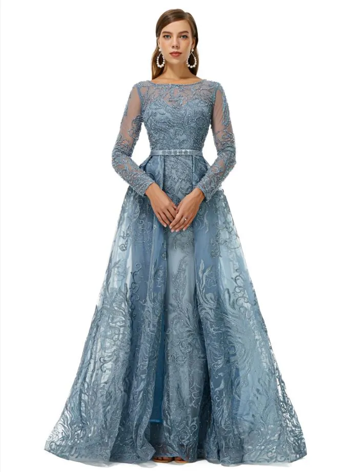 Blush Pale Blue Fishtail Prom Dresses With Remove Train Illusion Long