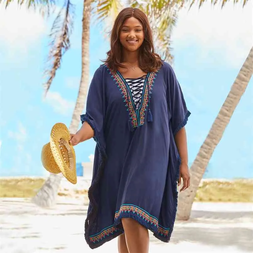 Ricamo Caftano Beach Tunica Cover Up Saidsa de Praia Costume da bagno Donne Bikini Cover Pareo Sarong Wear # Q932 210722