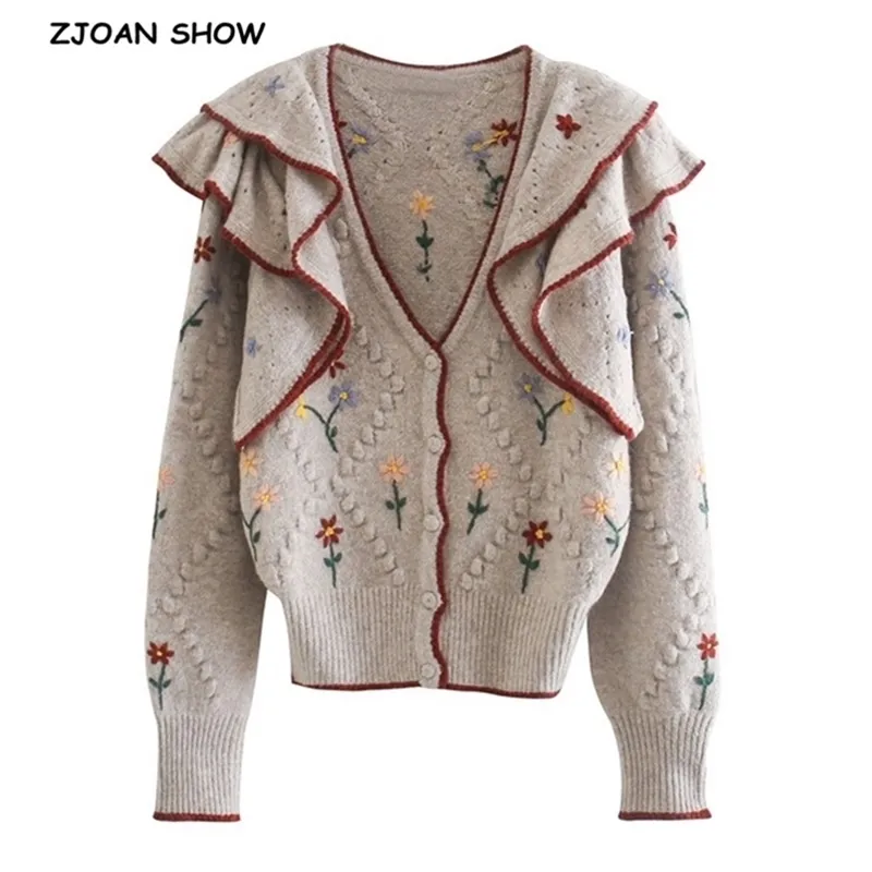 Kawaii зимние оборками плеча вышивка уродливый свитер винтажный центр волна вязаный кардиган ретро женщина с длинным рукавом джемпер 210429