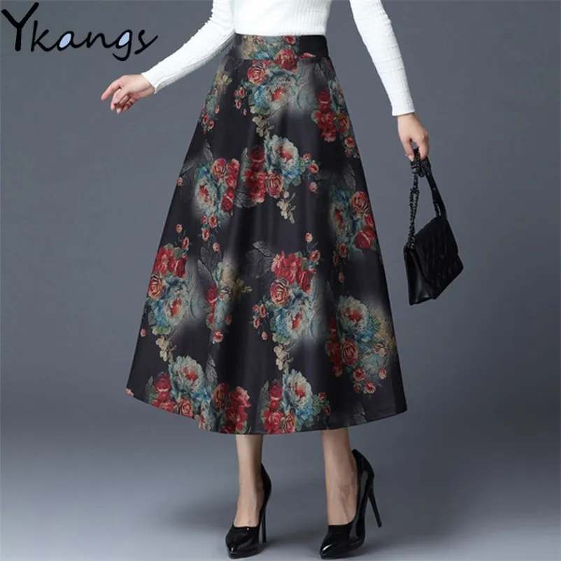 Vintage vinter kjol kvinna plus storlek plaid blomma tryck kvinnor maxi hög midja varm ull elegant kontor dam 210421