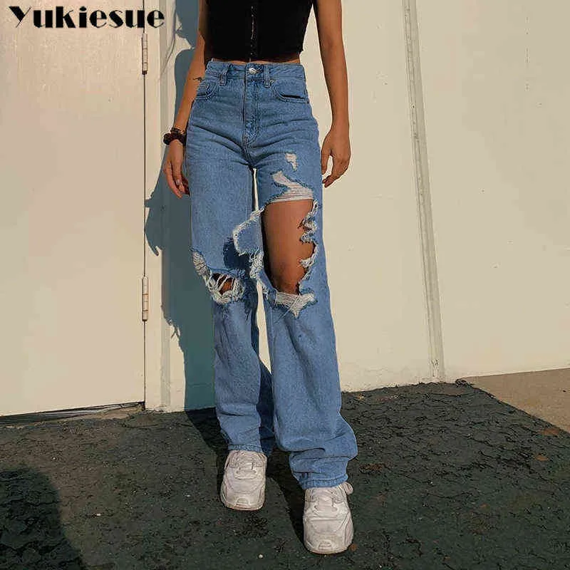 Streetwear High Waist Women's Fashion Jeans Kvinna Ripped Hole Women Wide Benbyxor Byxor Kvinna Jean Femme Denim Bagge 211129