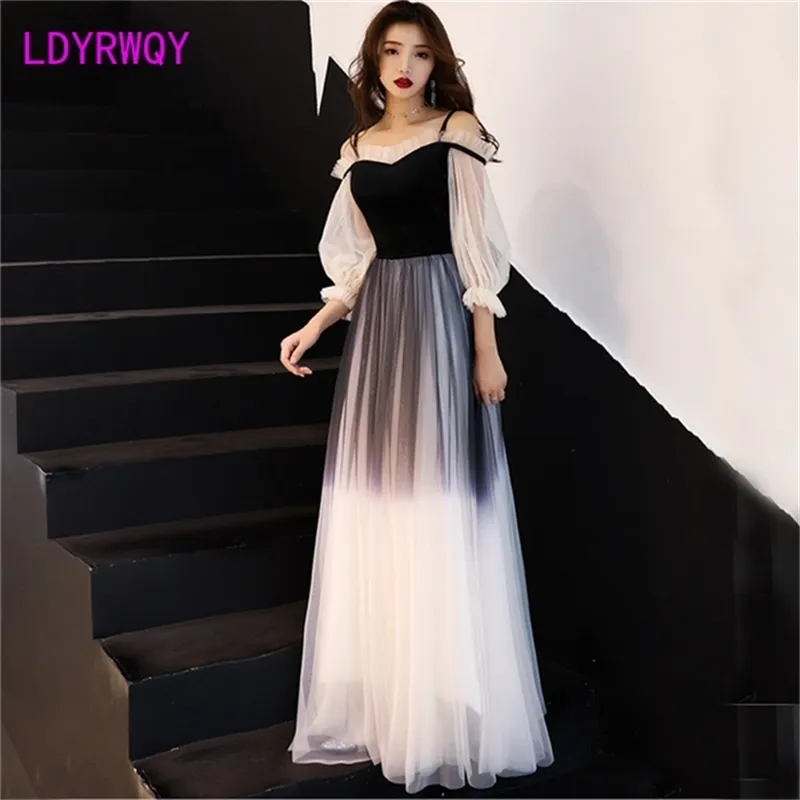 autumn and winter one-shoulder lantern sleeves long section ladies banquet slim dress Floor-Length Zippers 210416