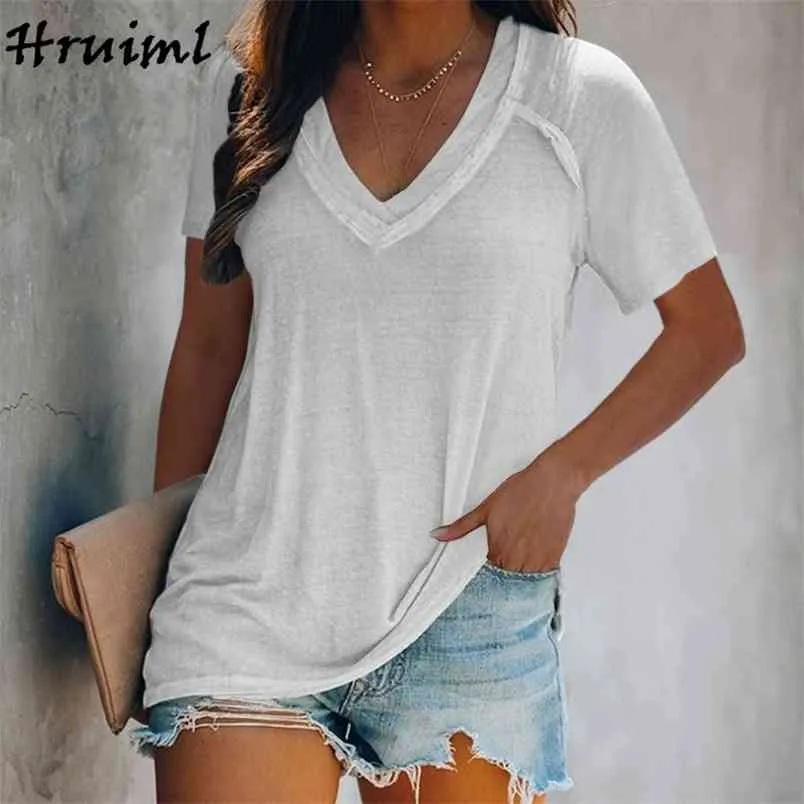 Vente Plus La Taille S-5XL Top Femmes Couleur Unie Col En V Streetwear T-shirts À Manches Courtes Lâche Casual Mode Femme Vêtements Blouse 210513