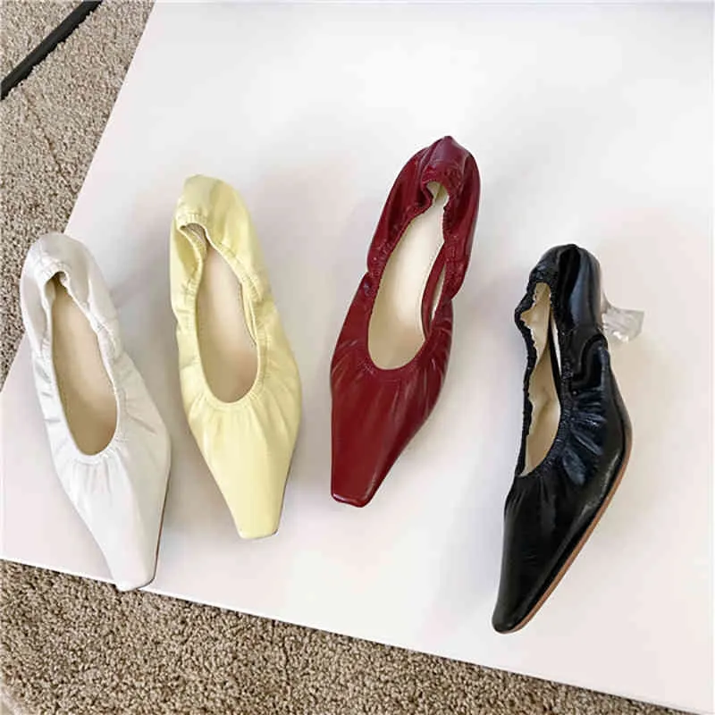 Fashion Women Pumps Square Toe Elastic Band Thick High Heels Crystal Clear Heel Slip On Fashion Mules Pumps Office Shoes 210513