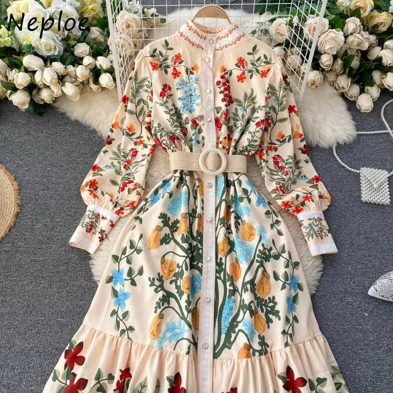 Neploe Autumn Chic Sashes Flower Print Dresses Women Exquisite Button Vintage Dress 2021 Stand Collar Slim Waist Vestidos Y0823