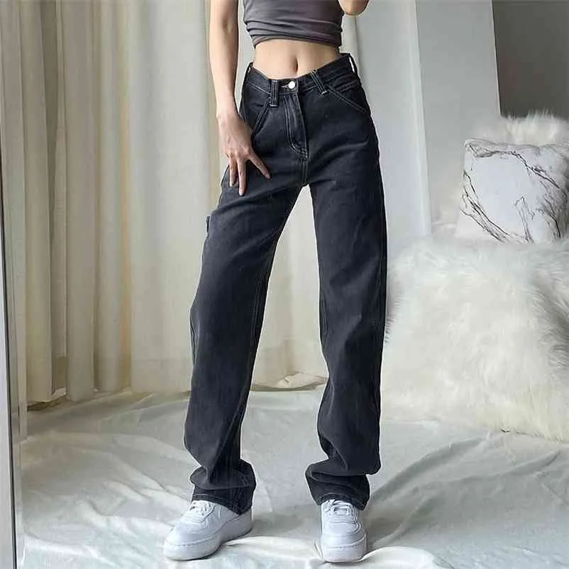 Bezczelnych prostych dżinsów dla kobiet Wysoka talia luźna non stretch denim z szczupłą odprężającą fit vintage inspirowane spodnie 210629