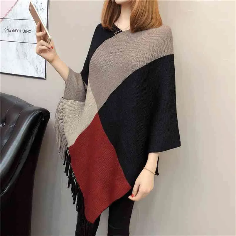 Fringed Knitted Mid-length Sweater Poncho Women Plus Size Loose Bat-type Lazy Wind Hooded Cape Female Spring 210427