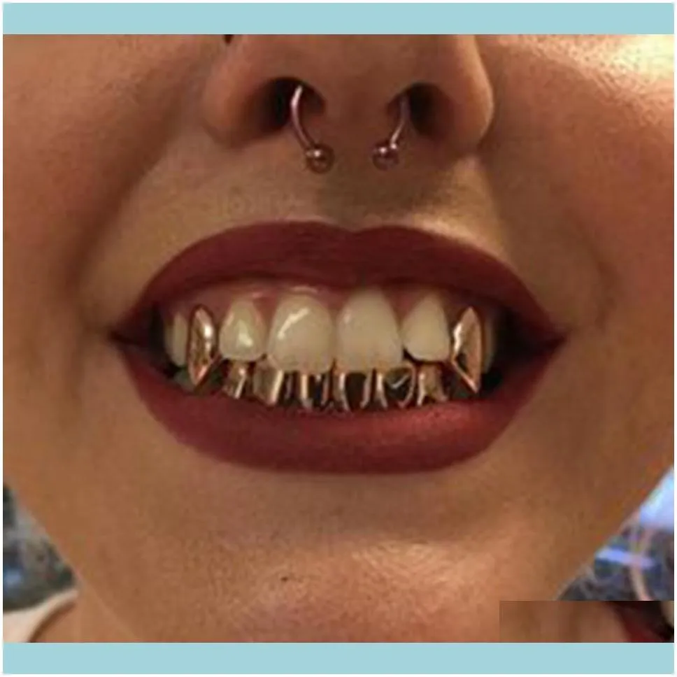 Grillz, kropp smycken smycken18k guldpläterad koppar hängslen vanlig hip hop up 2 botten 6 tänder grillz dental munnen fang grillar tandlock jllxpp