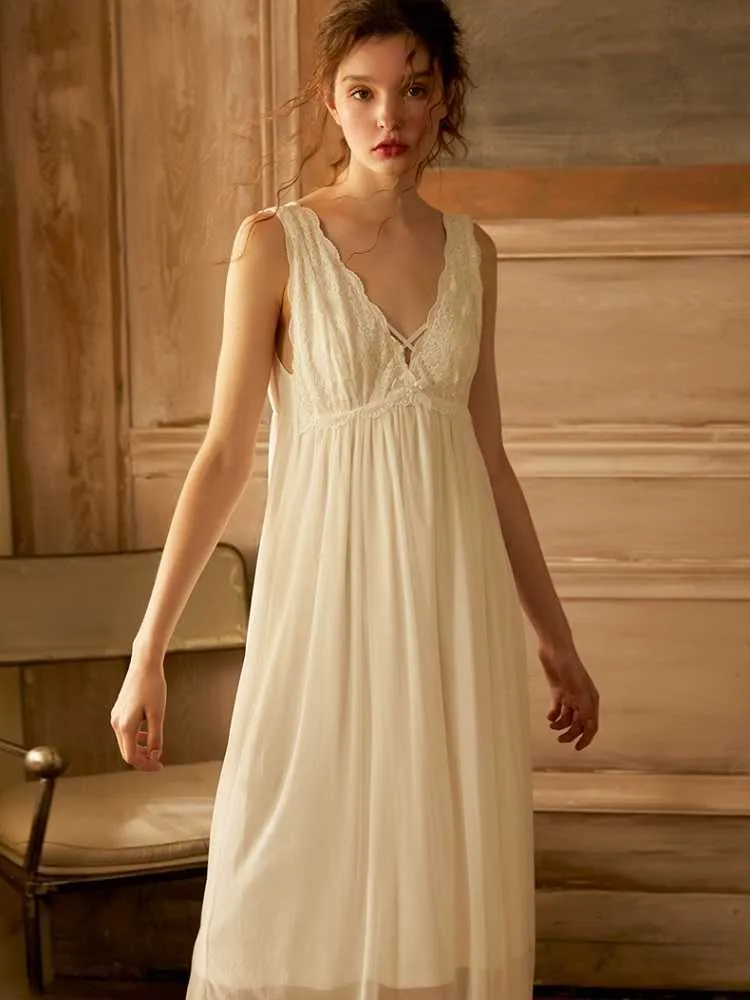 Summer Modal Inner Vintage Sleeveless Sleepwear Elegant Female Princess  White Gauze Lace Long Nightgowns Loose Royal Nightwear 210924 From 25,97 €